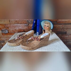 385 FIFTH Cork Wedge Sandals with Bead And Shell Accents